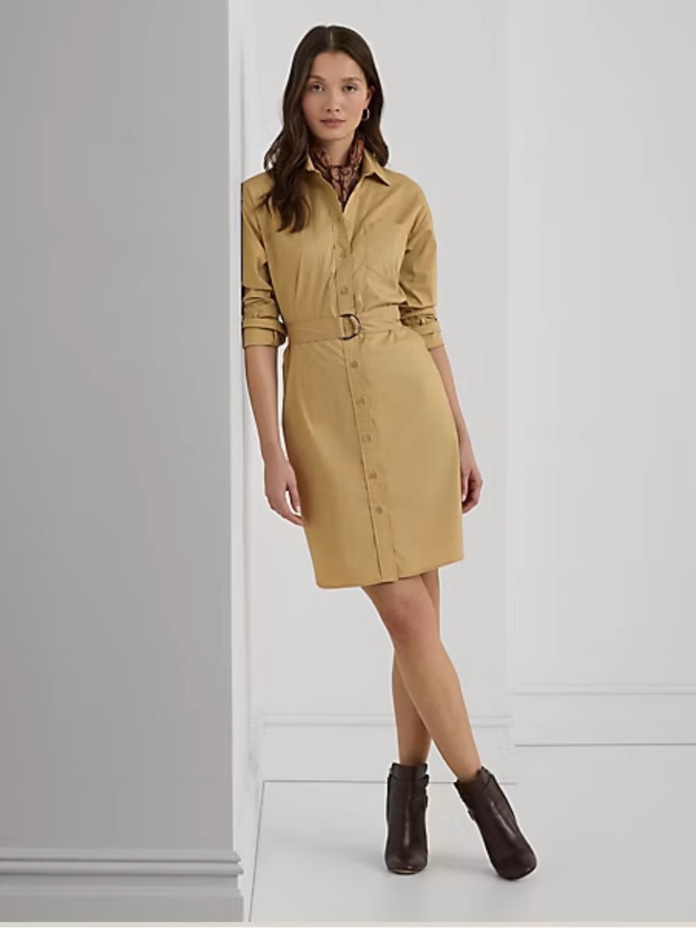Ralph Lauren Belted Cotton Shirt Dress in Khaki